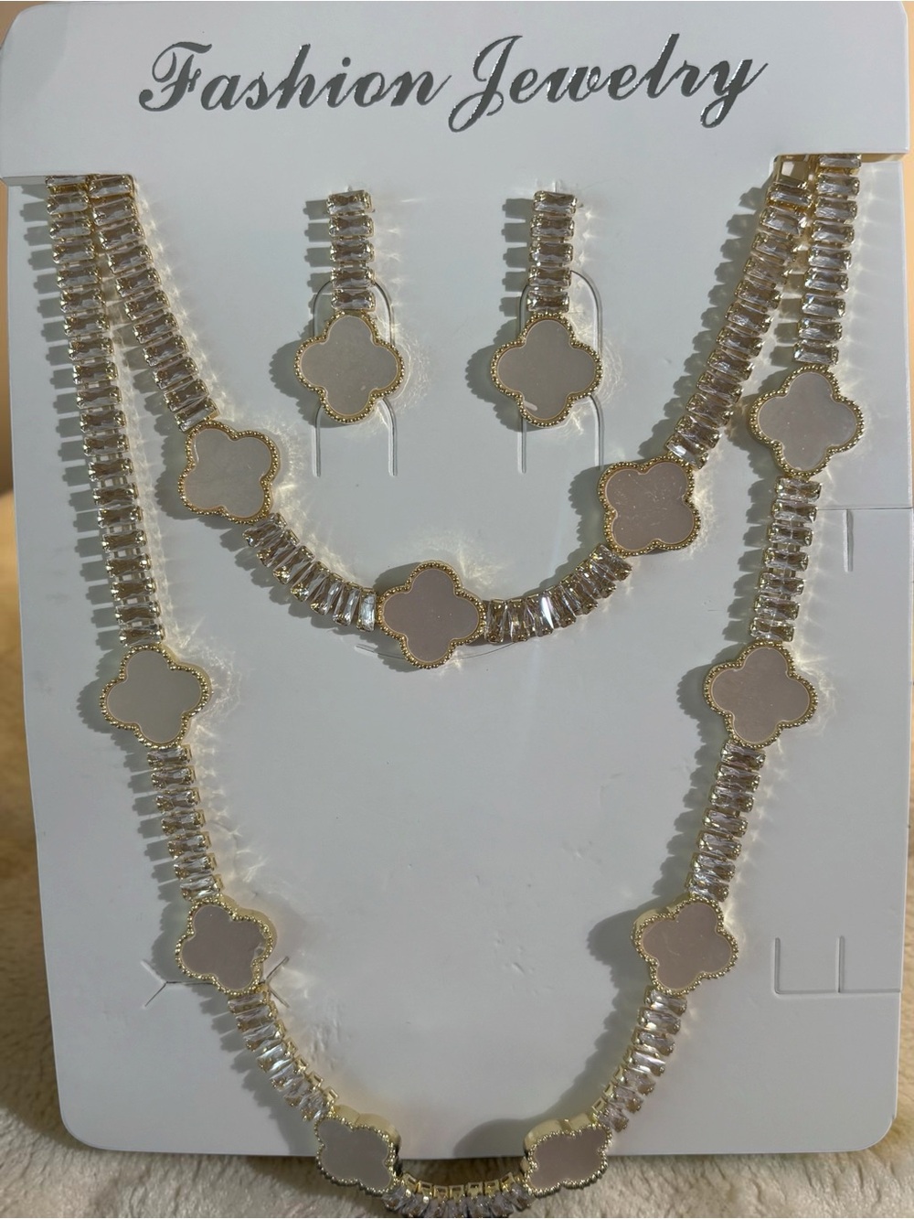 Gold White Clover Necklace, Bracelet & Earring Set